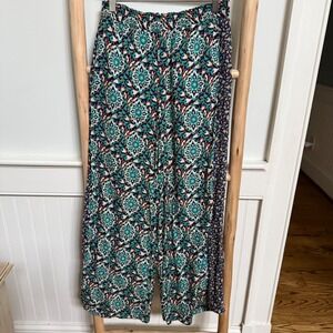 Womens Bohemian Medallion Print Wide Leg Pants Teal Navy Blue Smocked Waist